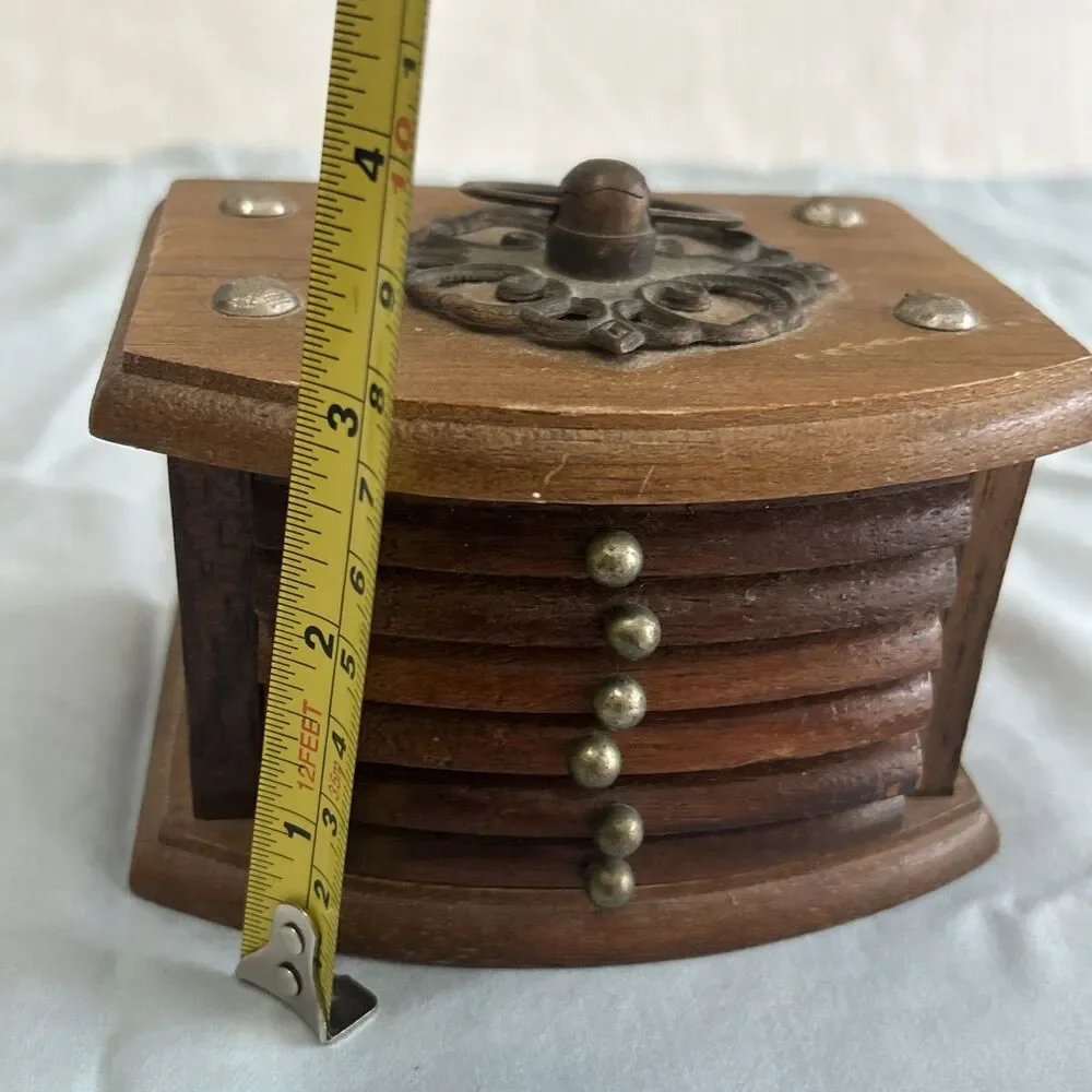 Vtg Wood & Cork Coaster Set of 8 Wood Caddy Carrier Brass Accents Boho Barware